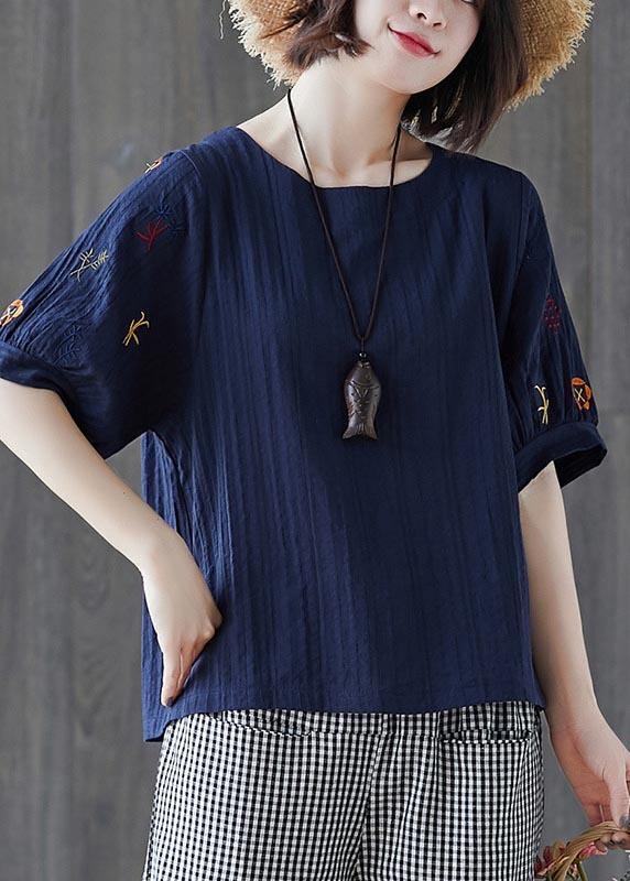 Navy Embroideried Cotton Linen T Shirts Summer