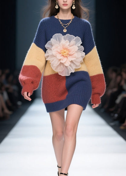 Diy Colorblock O Neck Patchwork Knitwear Dress Fall