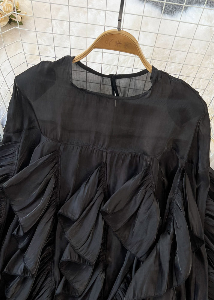 Black O-neck Ruffled Patchwork Button Silk Top Long Sleeve Spring