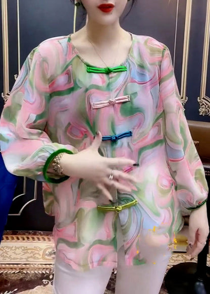 O-neck Print Button Chiffon Shirt Long Sleeve