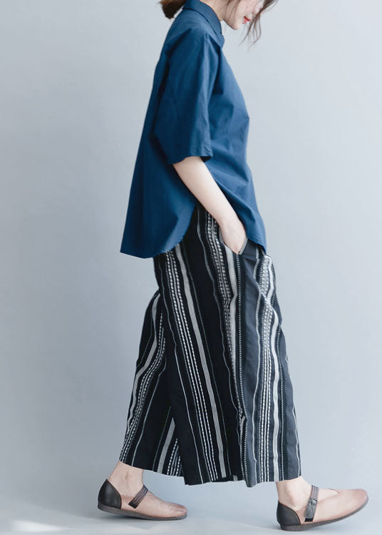 Organic Navy Cinched Cotton Blouses Half Sleeve