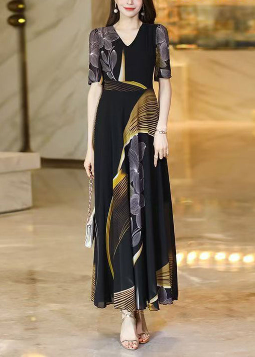 Black V Neck Print Chiffon Long Dresses Summer
