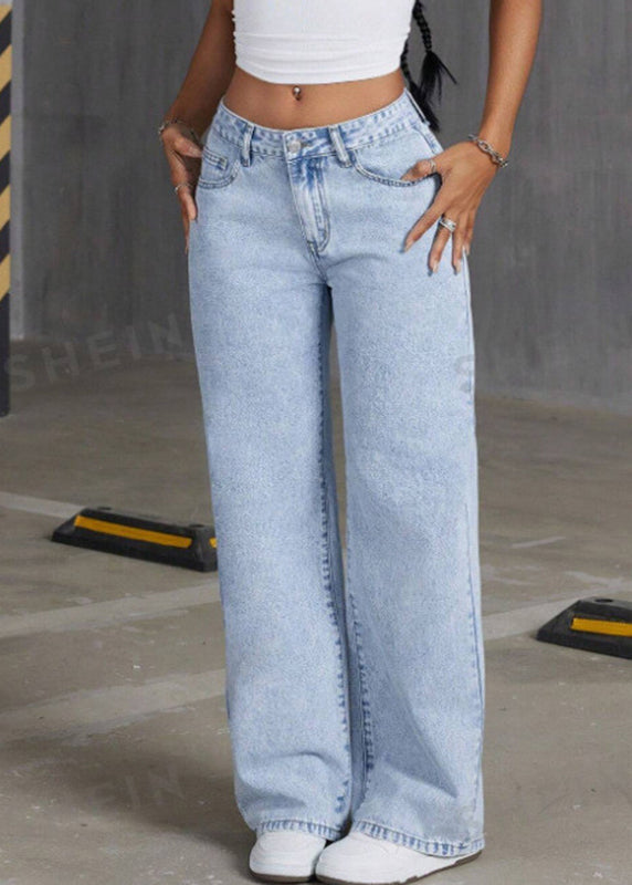 French Blue Pockets Patchwork Wide Leg Denim Pants Spring