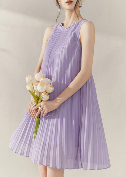 Purple O-neck Wrinkled Chiffon Mid Dress Summer