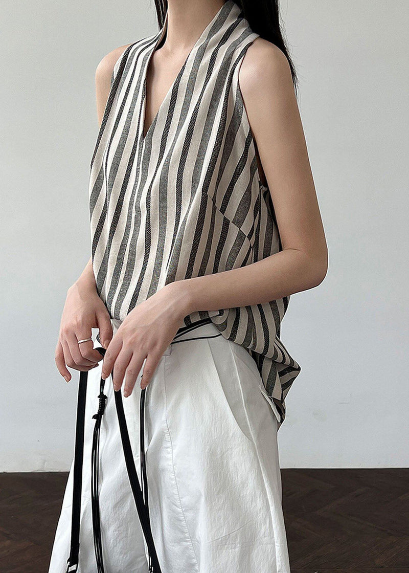 Black V Neck Striped Cotton Top Sleeveless