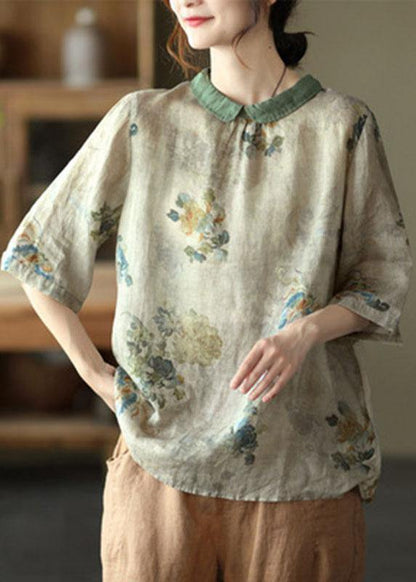 Diy Orange Print Ramie Half Sleeve Shirt Summer
