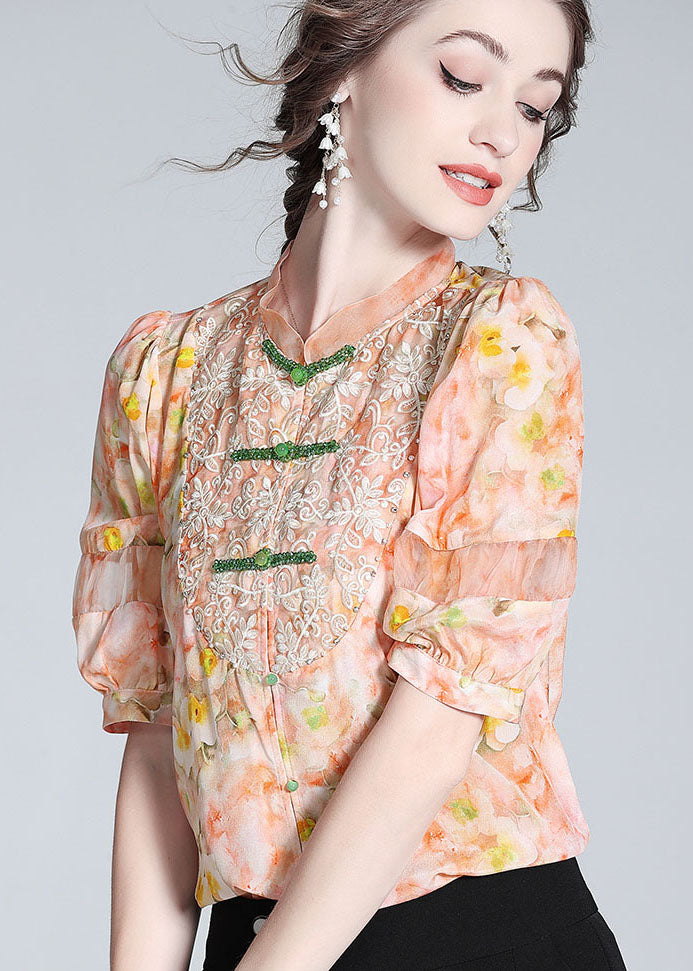 Pink Lace Embroideried Patchwork Silk Blouse Tops Spring