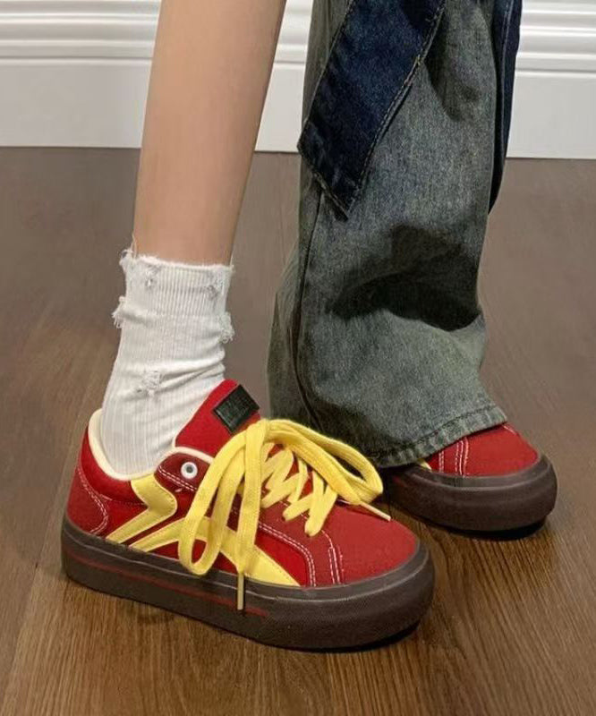 Red Canvas Flat Feet Shoes Splicing Lace Up