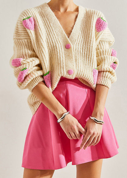 Beige V Neck Hook Flower Knit Cardigan Fall