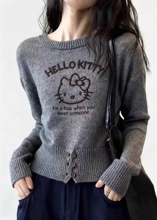 Grey Cartoon Print Cotton Knit Sweater Spring