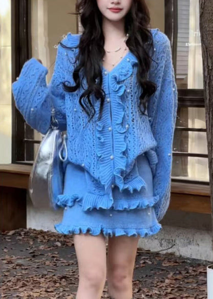 Blue Ruffled Nail Bead Knit Two Piece Set Winter