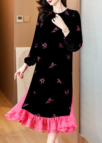 Italian Black Embroidered Pockets Patchwork Silk Velour Long Dresses Spring