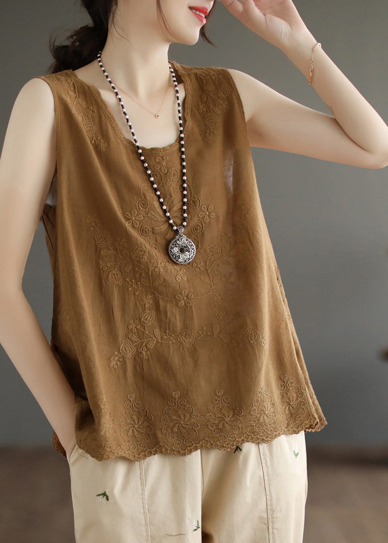Simple Brown Yellow O-neck Cotton Tops Summer