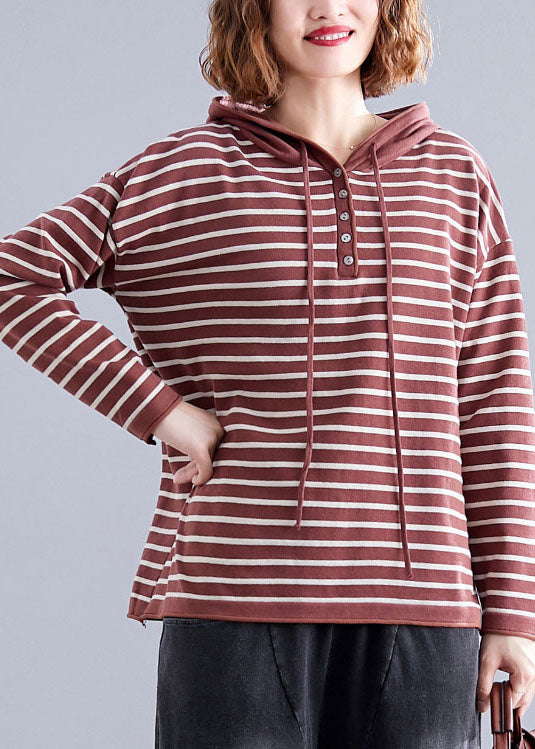 Red Hooded Striped Cotton Loose Sweatshirts Top Spring