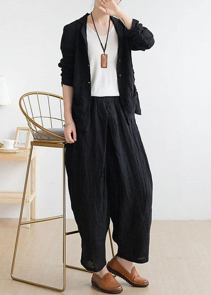 Black Peter Pan Collar Linen Spring Jackets