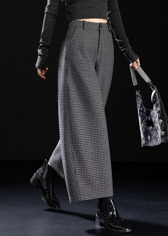 Fitted Grey Plaid Warm Fleece Wide Leg Pants Spring
