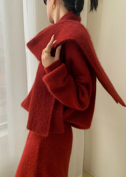 Red O-neck Patchwork Sweaters and Skirts Knit Two Pieces Set Fall