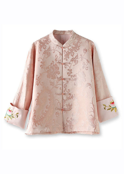 Pink Stand Collar Embroideried Silk Coat Long Sleeve