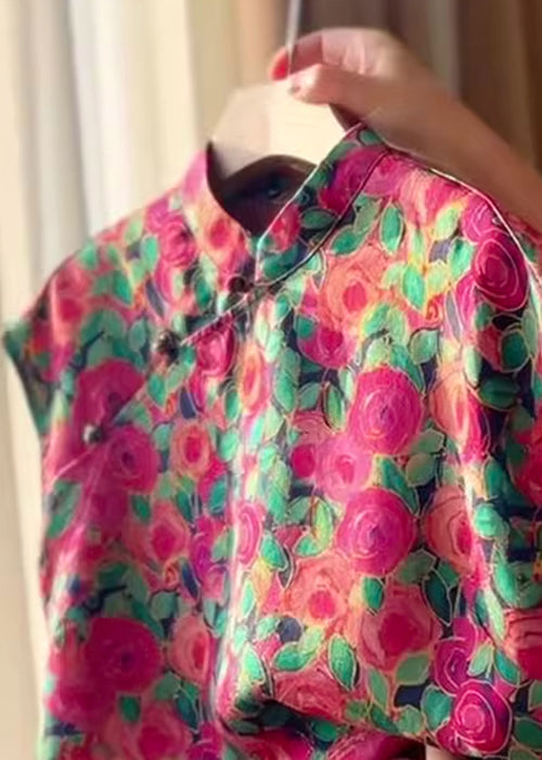 Stand Collar Button Print Silk Shirts Summer