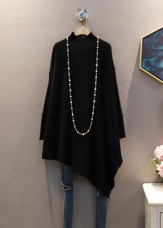 Coffee High Neck Asymmetrical Exra Large Hem Knit Sweater Spring