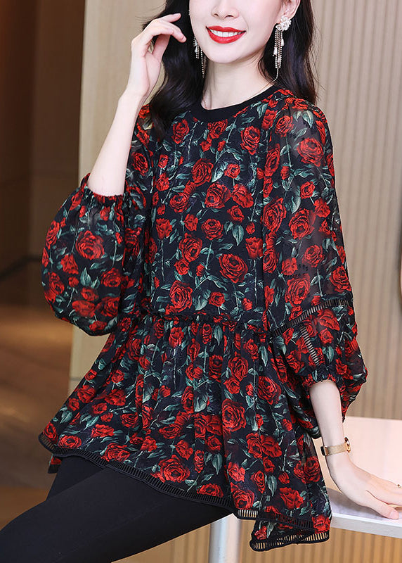 Red O-neck Print Wrinkled Chiffon Shirt Long Sleeve