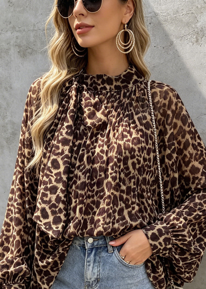 Leopard Print Bow Chiffon Shirts Tops Spring