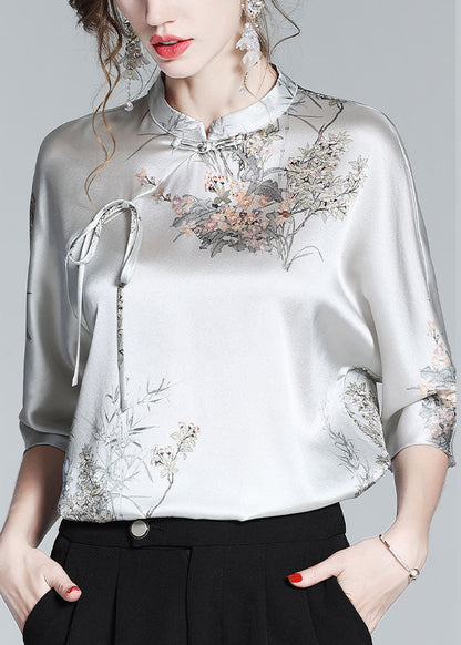 Silk Stand Collar Oriental Satin Shirt Top Half Sleeve Blouse