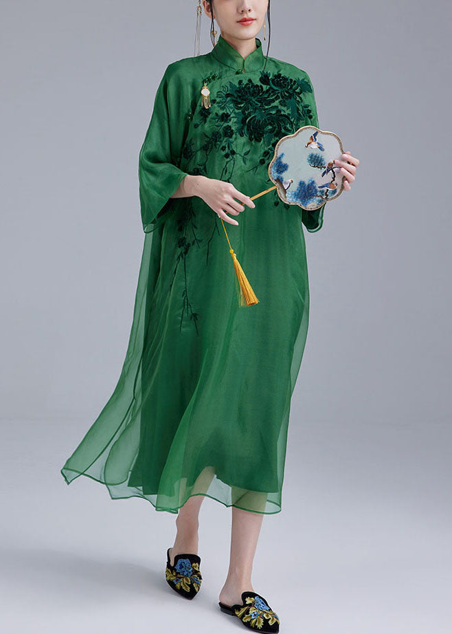 Fine Green Mandarin Collar Embroideried Tulle Silk a Line Dress Bracelet Sleeve Summer