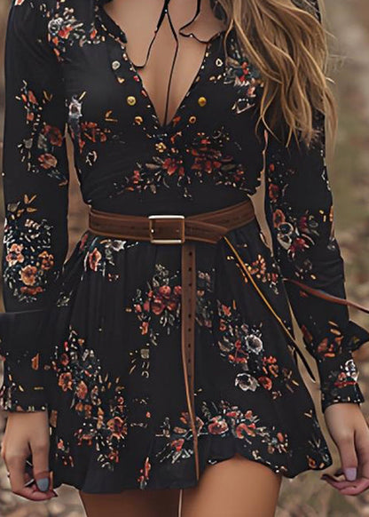 Black V Neck Print Cotton Mid Dresses Spring