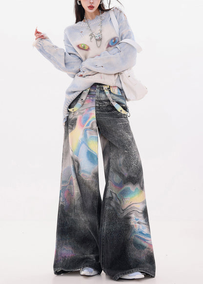 Black Oversized Tie Dye Denim Wide Leg Pants Fall