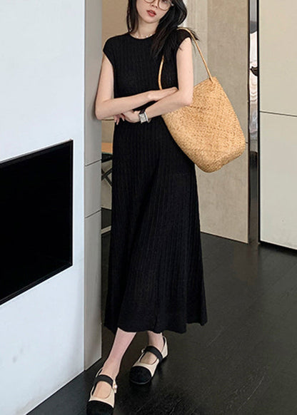 Black O-neck Knit Long Dresses Summer