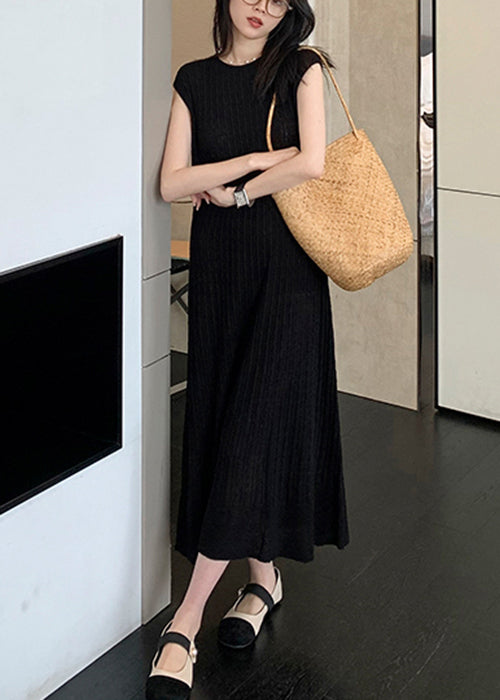 Black O-neck Knit Long Dresses Summer