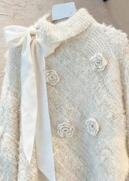 Apricot Asymmetrical Bow Patchwork Cotton Knit Sweater Spring