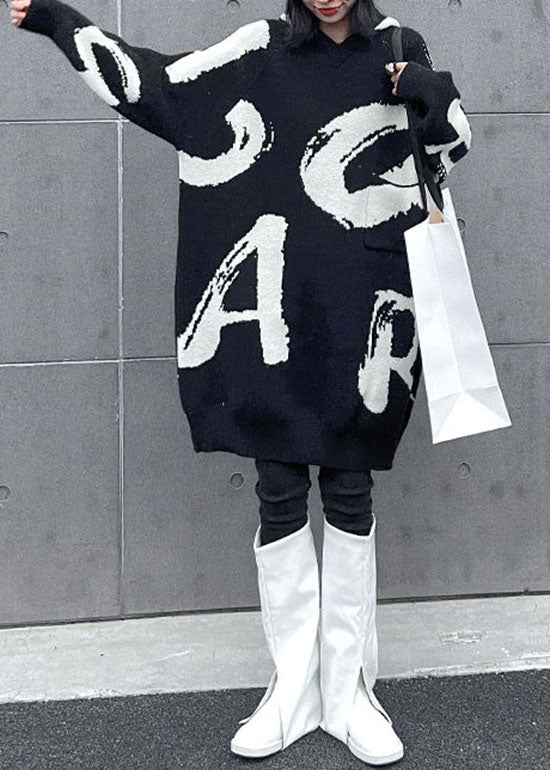 Black Hooded Print Knit Sweater Dress Spring