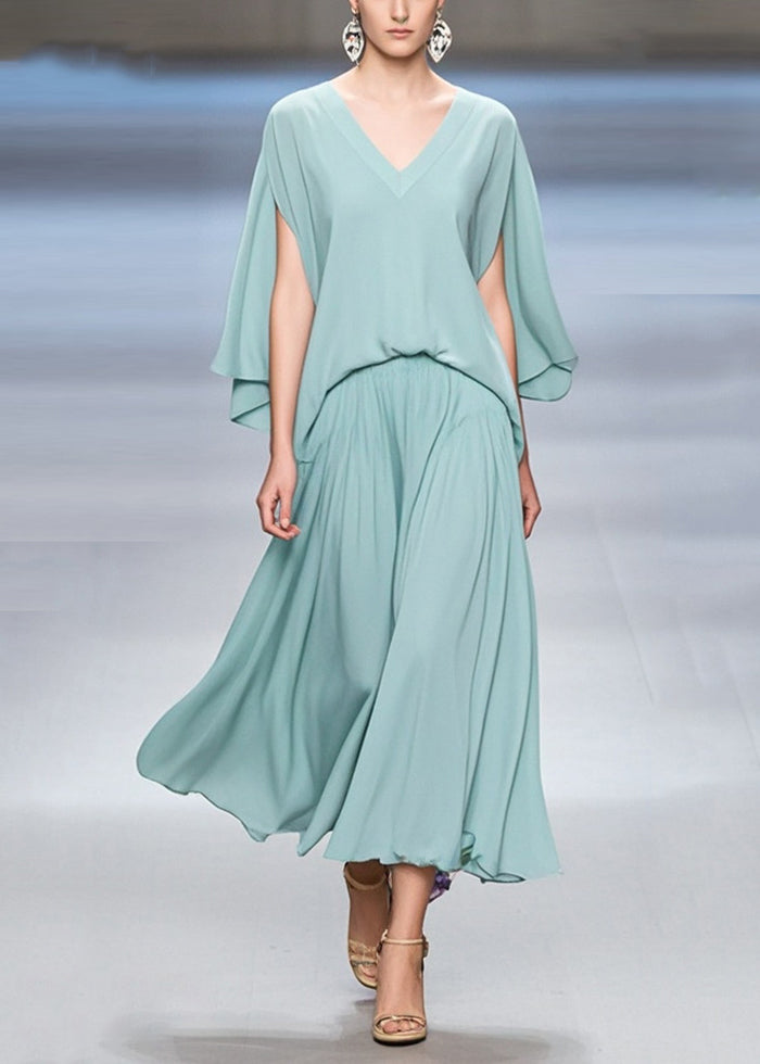 Stylish Green V Neck Chiffon Dresses Butterfly Sleeve Summer