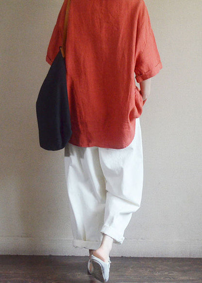 Red V Neck Loose Pockets Fall Shirt Tops Half Sleeve