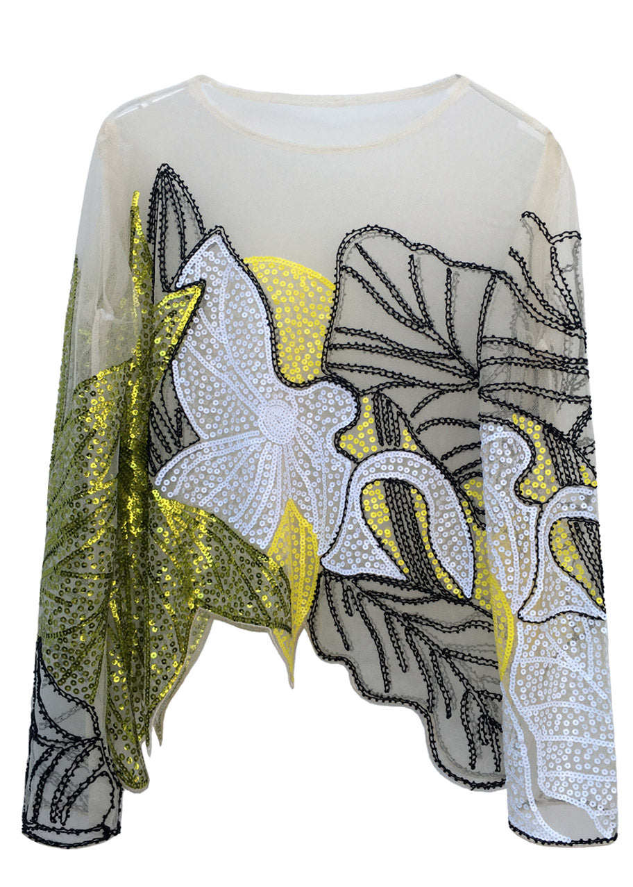Green O-neck Print Sequins Thin Top Fall