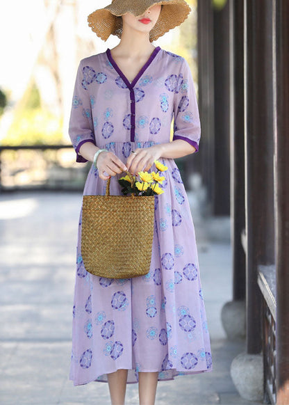 Purple V Neck Print Patchwork Wrinkled Cotton Dress Two Pieces Set Summer