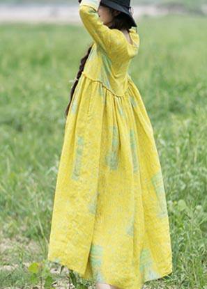 French Yellow Print Clothes V Neck Cinched Maxi Spring Dress