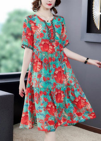 Red O-neck Print Silk Party Dress Summer