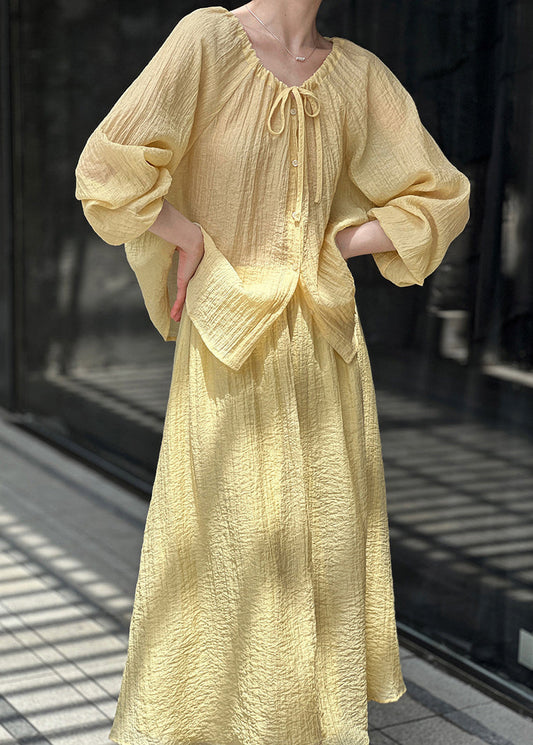 French Yellow Lace Up Tops and Skirts Cotton Two Pieces Set Spring