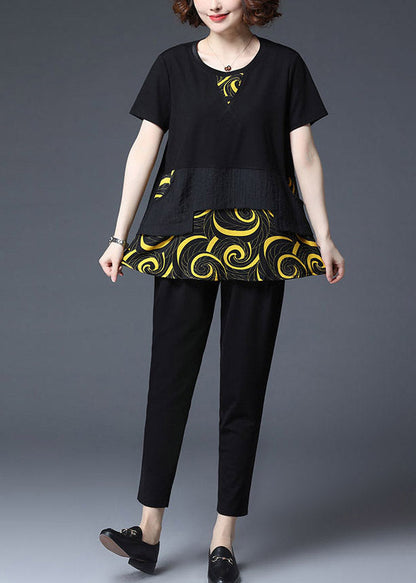 Yellow Print Asymmetrical Patchwork Cotton Tops and Crop Pants Two Piece Set Summer