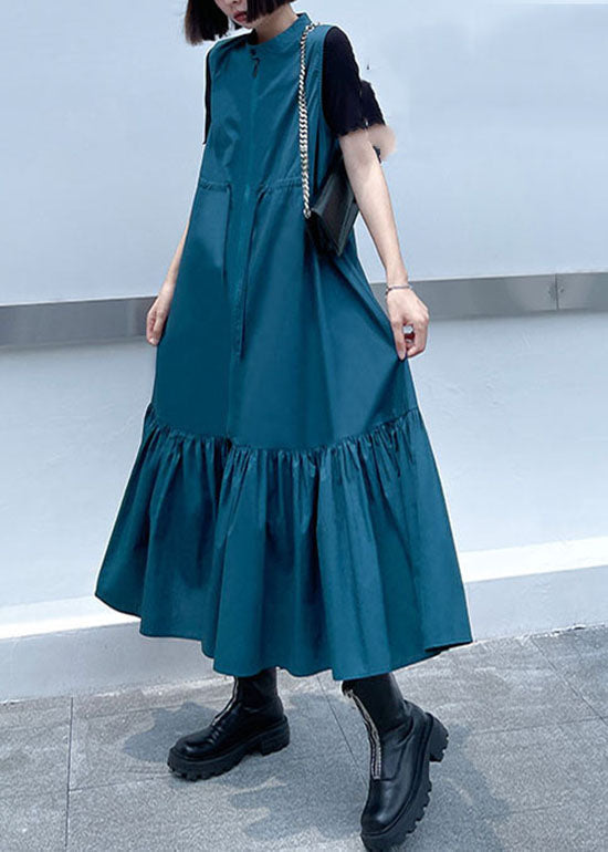 Blue Stand Collar Tie Waist Zip Up Mid Dress Spring