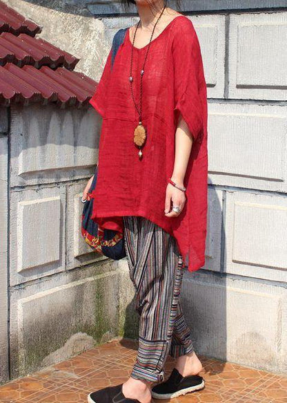 Classy Red U Neck Linen Summer Blouses