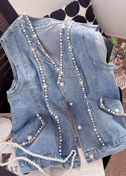 Blue V Neck Patchwork Nail Bead Denim Waistcoat Fall