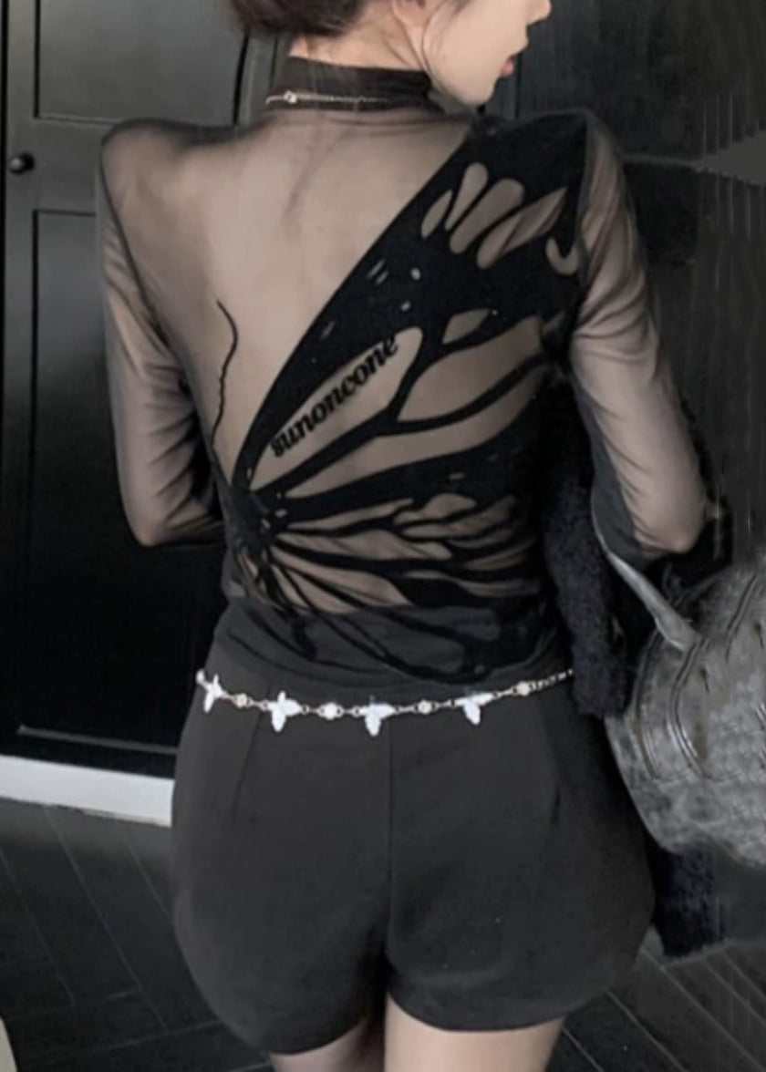 Black Turtleneck Tulle Patchwork T Shirt Long Sleeve