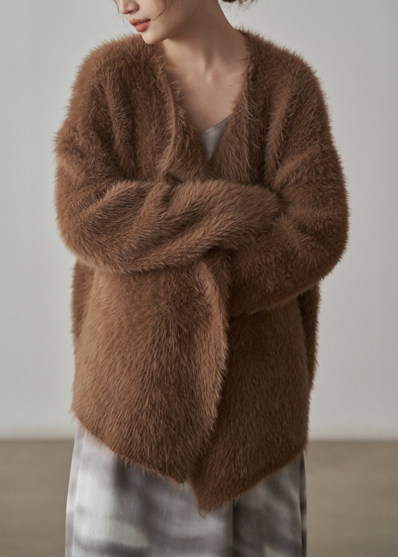 Coffee Chunky Mink Hair Knitted Cardigan V-neck Long Sleeve
