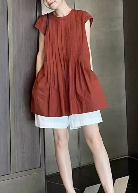 Terracotta Comfortable Fabric Pleated Shirt Sleeveless