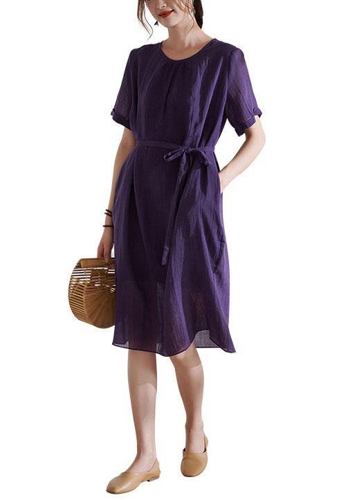Simple Purple Tie Waist Embroideried Summer Ramie Vacation Dress