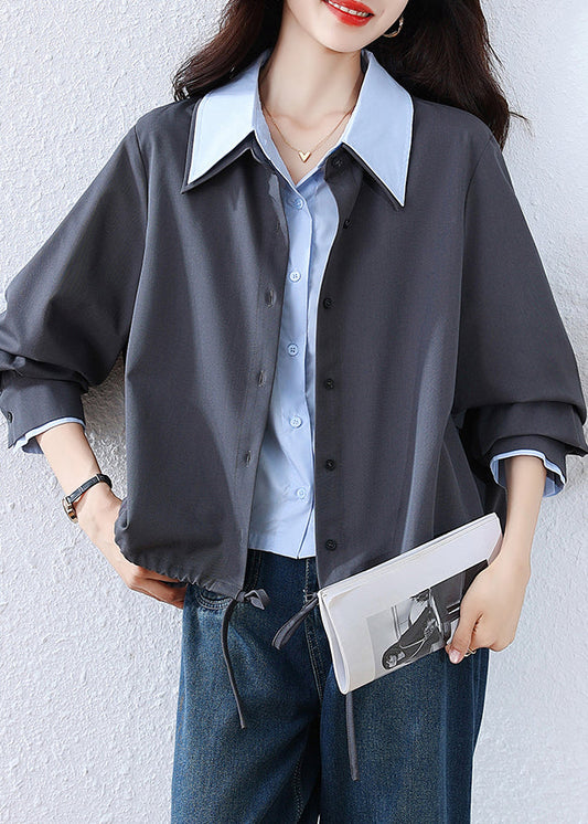 French Grey Button False Two Pieces Patchwork Cotton Blouses Fall
